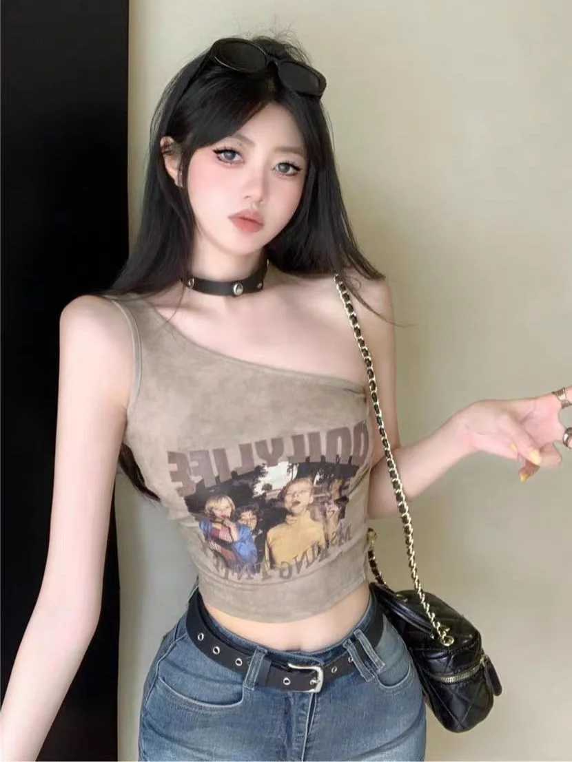 ModaFesta - one-shoulder-top-dark-brown-graphic