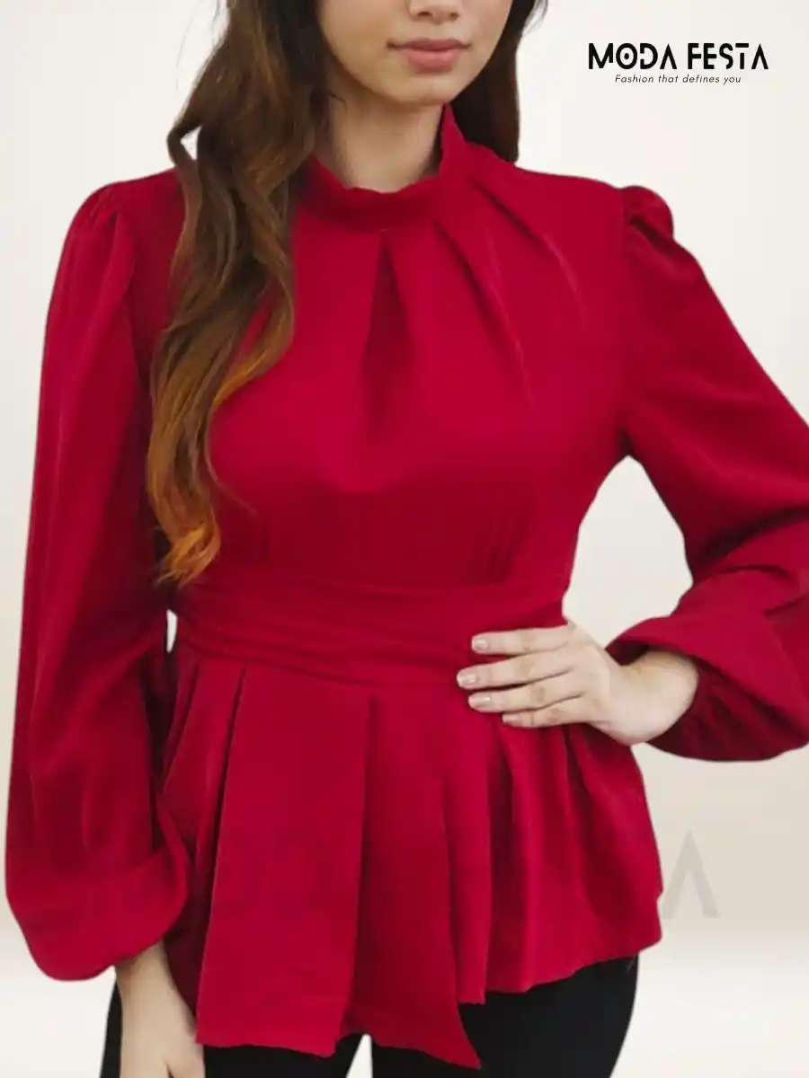 Red High Neck Peplum  Top
