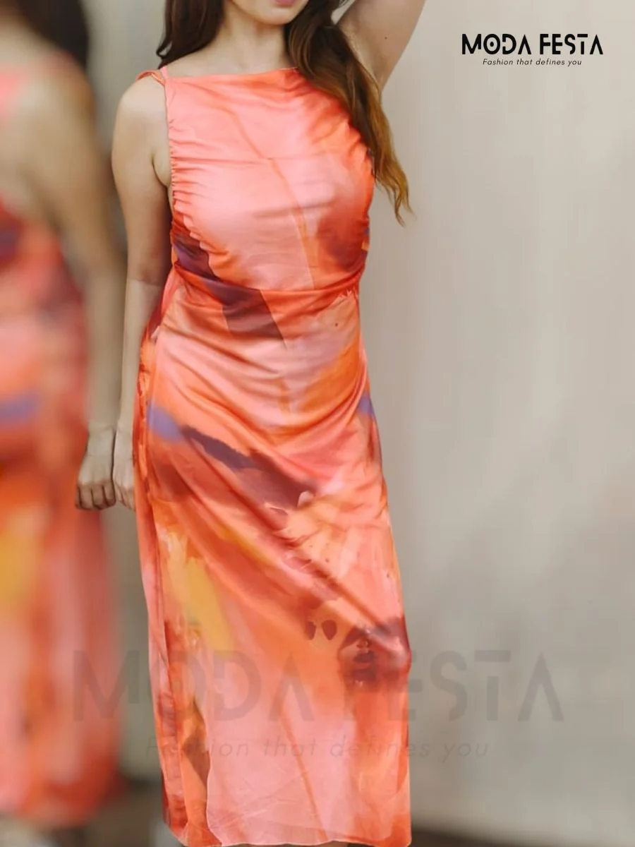 ModaFesta - abstract-mesh-strap-dress-orange