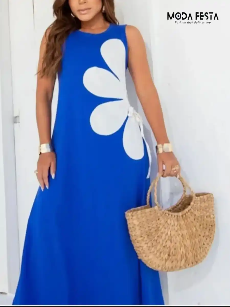 ModaFesta - stylish-side-flower-print-dress-blue
