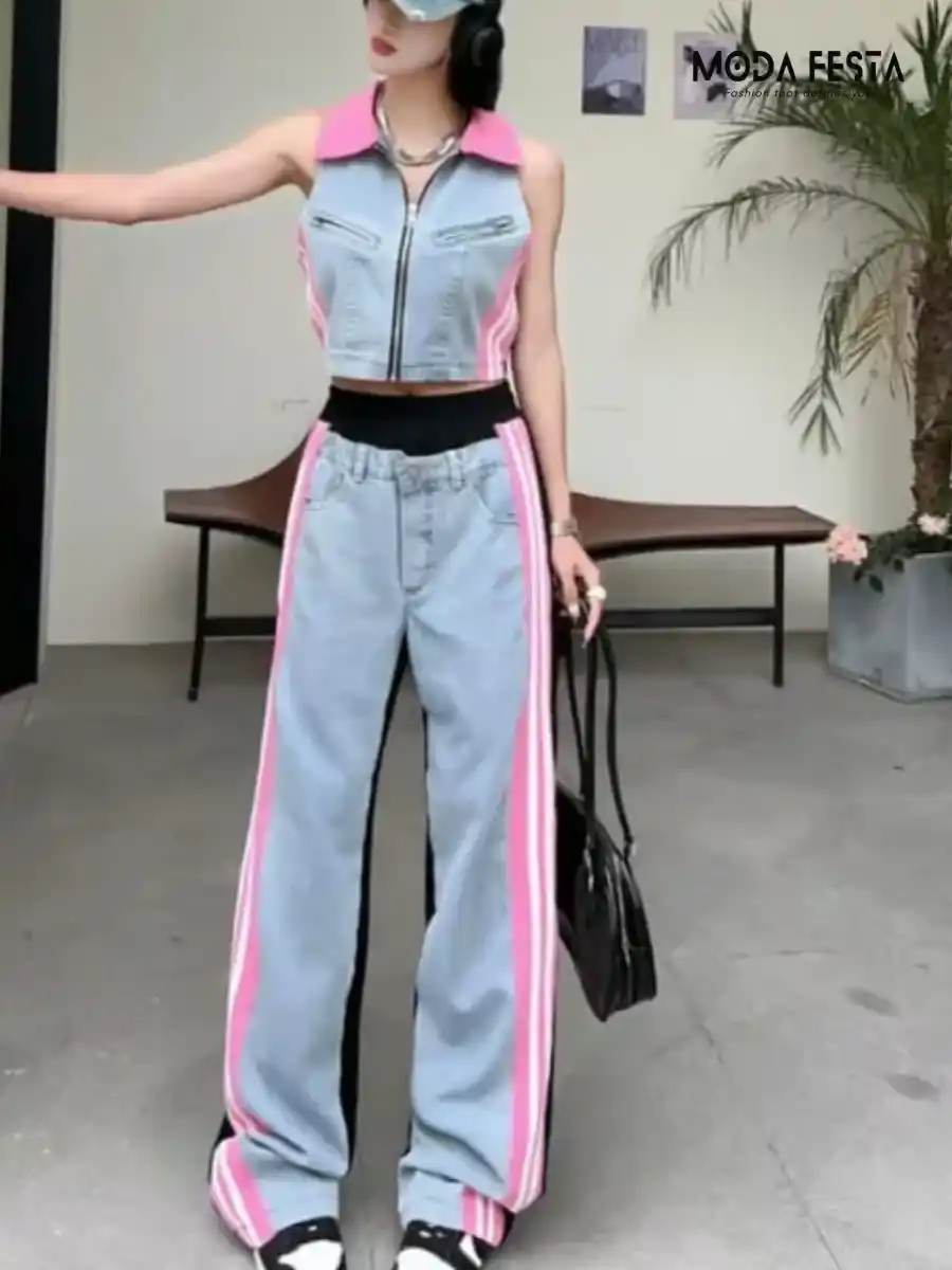 ModaFesta - stripes-denim-coord-set-pink