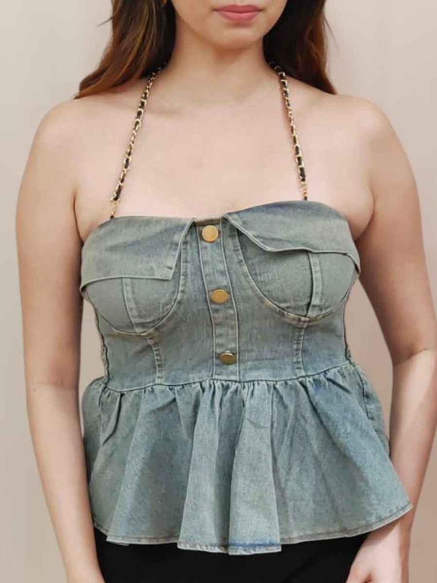 ModaFesta - chain-halter-neck-denim-top-green