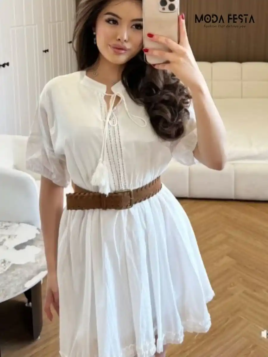 ModaFesta - elegant-cotton-ruffle-dress-with-belt