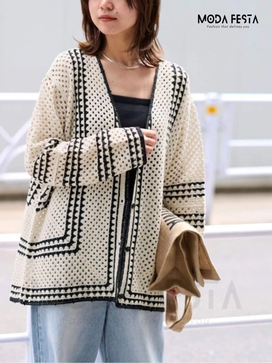 ModaFesta - crochet-v-neck-cardigan-top-white