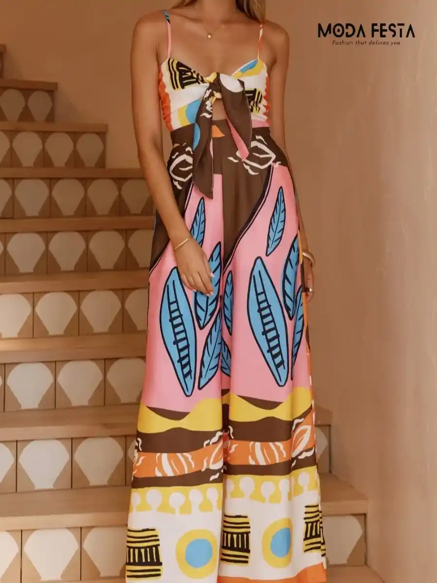 ModaFesta - vibrant-print-tie-up-jumpsuit-brown