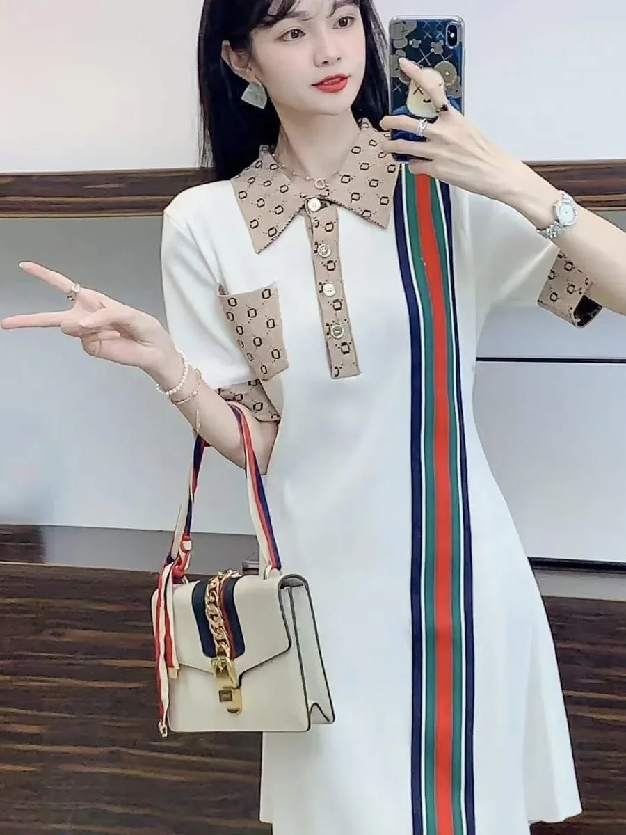 ModaFesta - korean-style-tunic-kniting-striped-dress-white