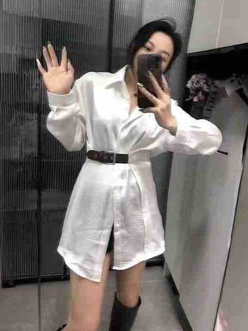 ModaFesta - solid-satin-shirt-with-belt-white 