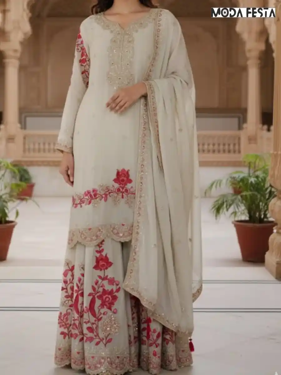 Cream with red work