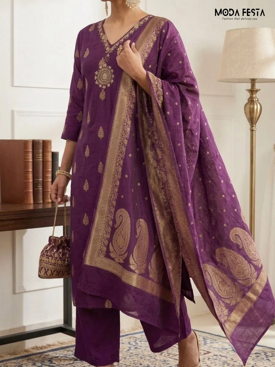 This elegant purple co-ord set features intricate gold brocade motifs and a matching dupatta, offering a sophisticated and traditional aesthetic for formal occasions.