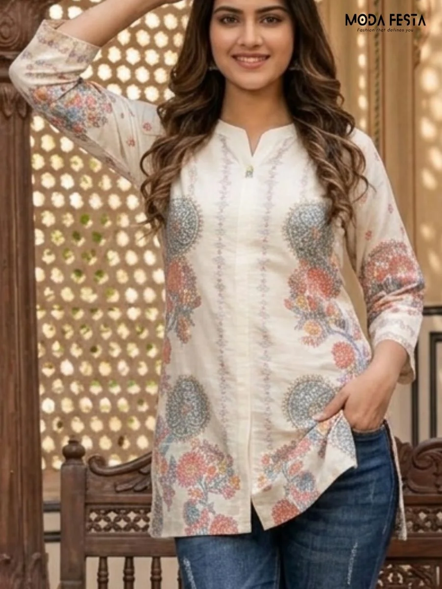 This elegant off-white kurti features a sophisticated mandala and botanical floral print, offering a graceful and versatile choice for daily ethnic wear.