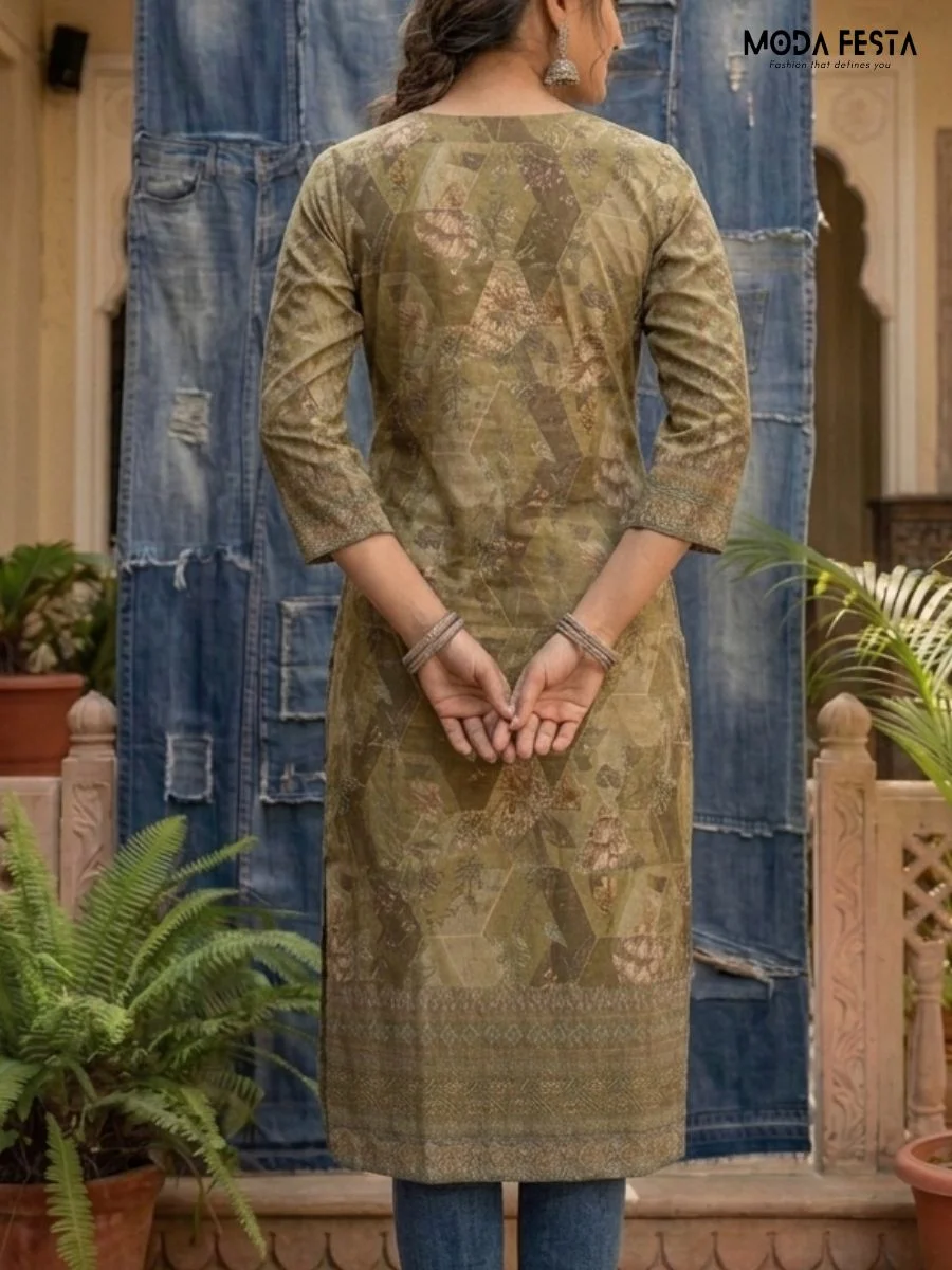 Elevate your everyday style with this olive-toned, V-neck kurta, featuring an elegant fusion of floral patterns and modern geometric motifs.