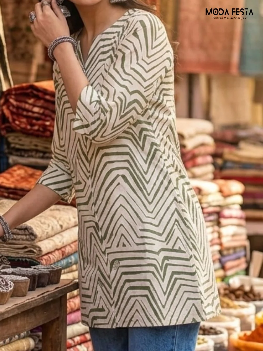 A chic and versatile kurti featuring an eye-catching green and white zigzag pattern that adds a modern touch to your casual wardrobe.