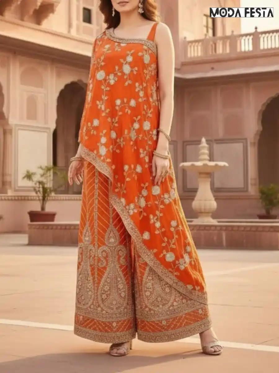 Orange 1 shoulder plazo set