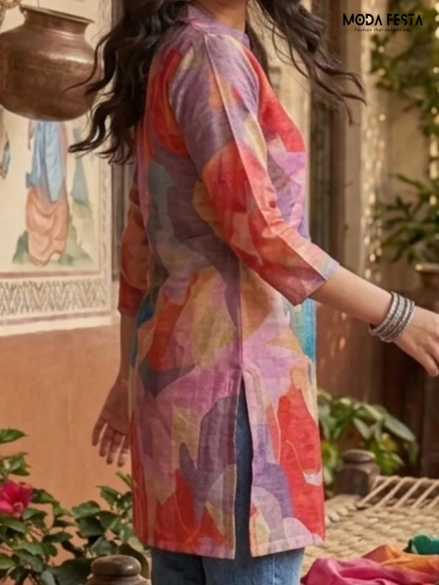 This vibrant short kurti showcases a bold, multicolored floral print on soft fabric, finished with a classic mandarin collar and a refined button-down placket.