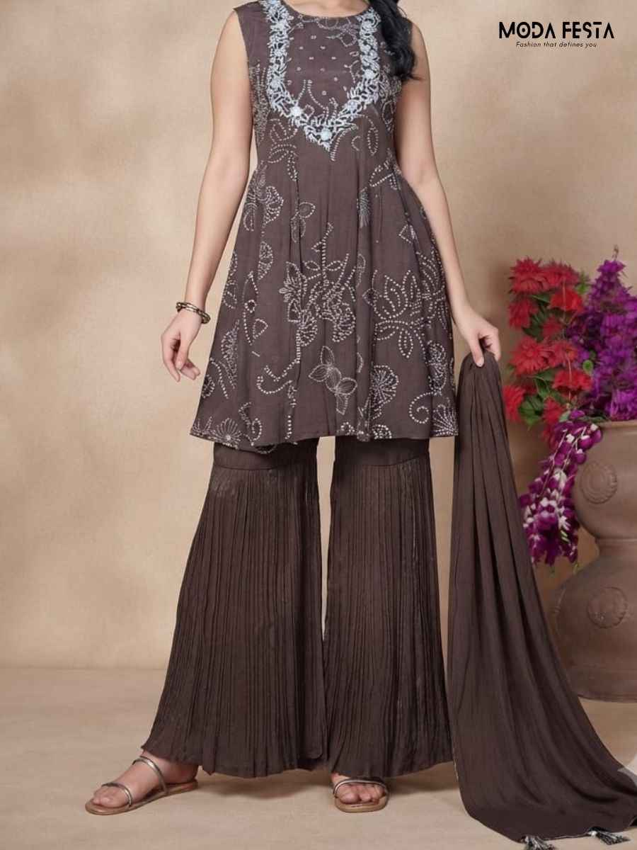 Brown Short Sharara Set Featuring a sleeveless short kurti with intricate floral embroidery along the neckline and body paired with matching flared pleated sharara pants and a gracefully draped tassel-accented dupatta