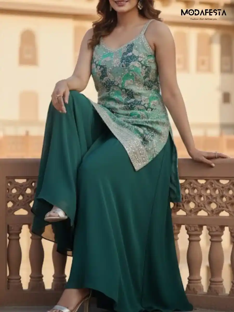 Plazo Set with sleeveless koti green & Pink