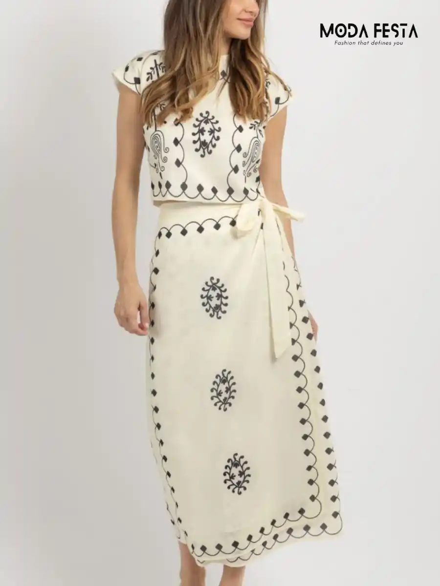 ModaFesta - linen-ethnic-print-coord-set-beige