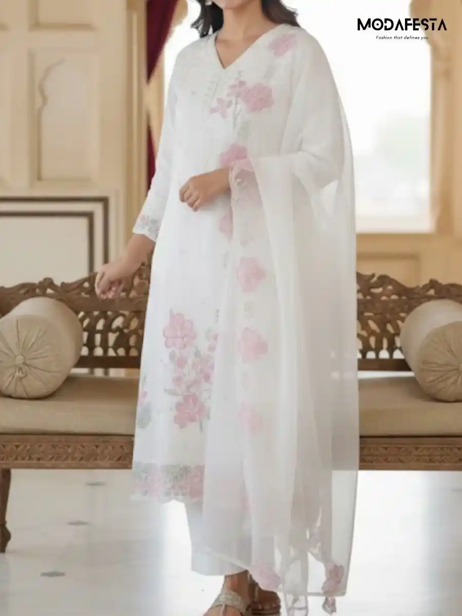 White Kurti Set with dupata work