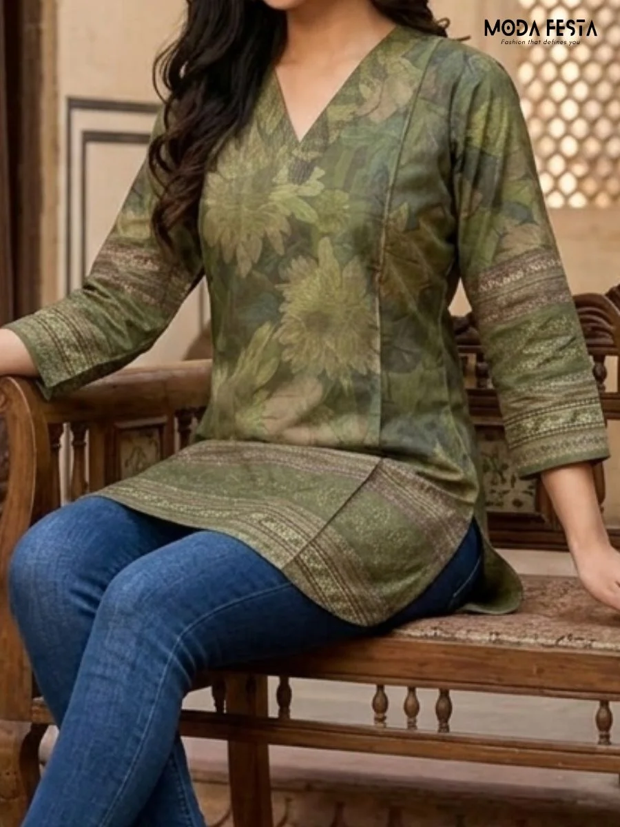 This elegant olive green short kurti features a vibrant botanical floral print and a sophisticated V-neckline, perfect for casual ethnic styling.