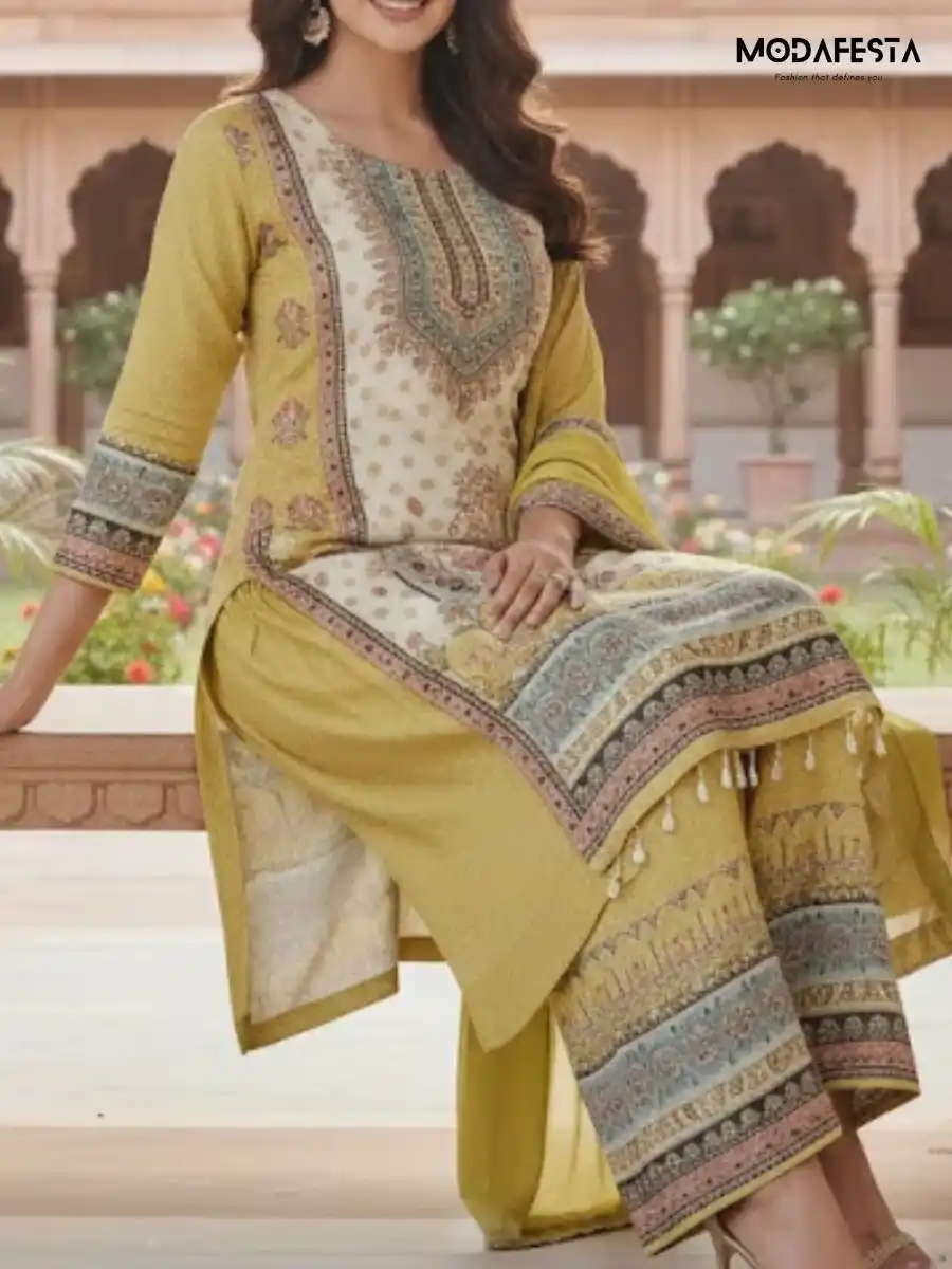 Green with beige plazo set printed