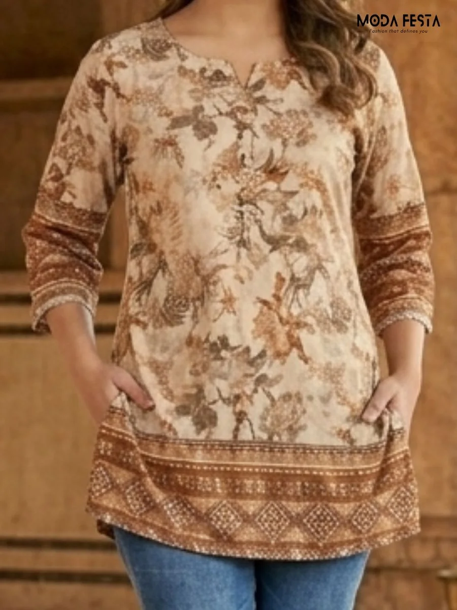 This beige tunic features an elegant floral print with a distinctive patterned border, blending traditional charm with a comfortable, modern silhouette.