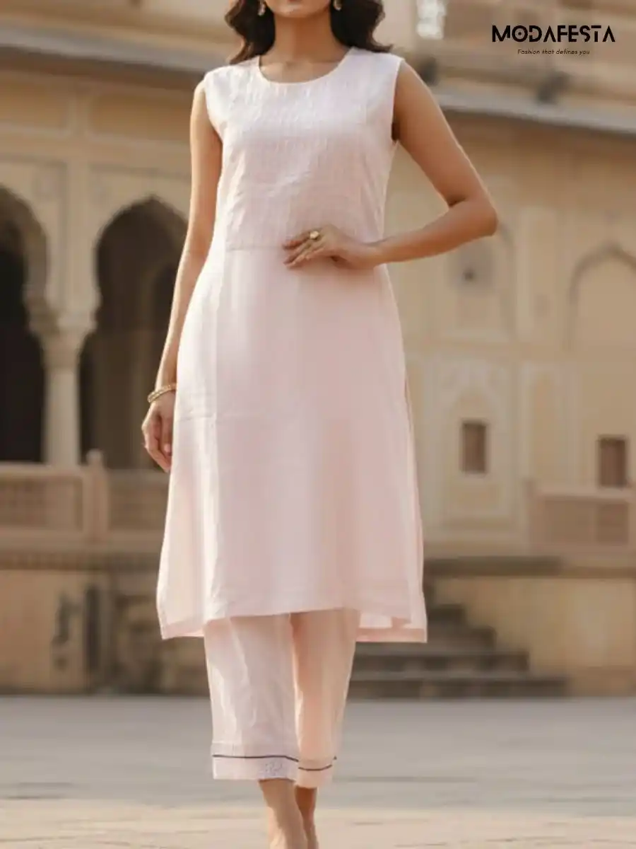 Light pink Jacket style Kurti set cotton
