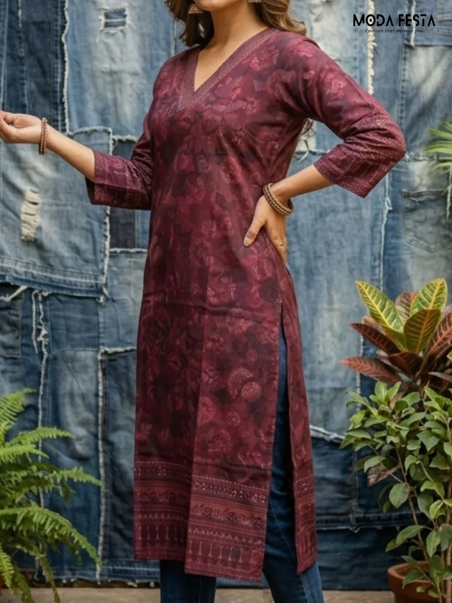 Elevate your everyday style with this olive-toned, V-neck kurta, featuring an elegant fusion of floral patterns and modern geometric motifs.
