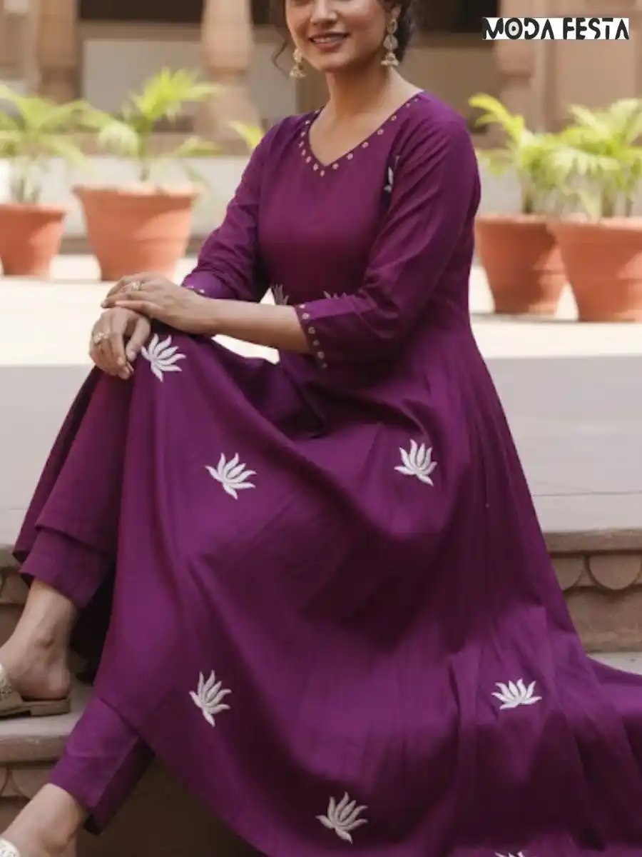 A line wine colour with white emb kurti pant