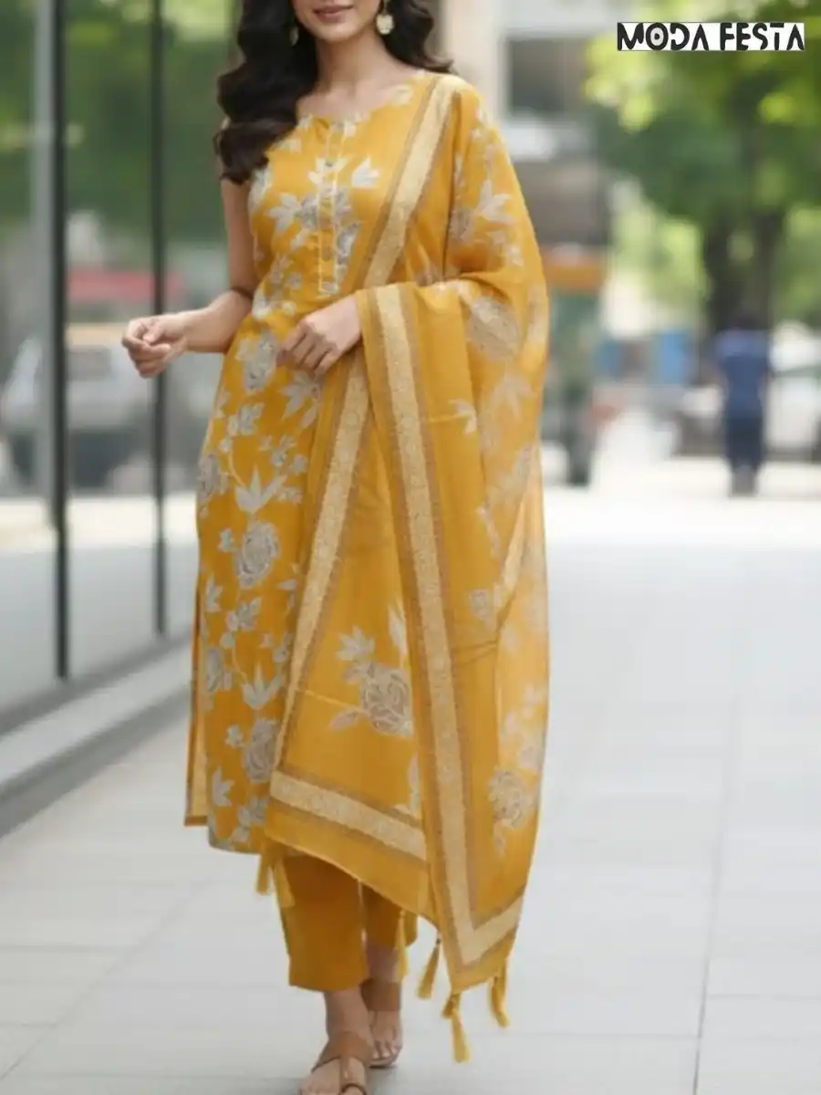 Casual Sleeveless Printed Yellow kurti set