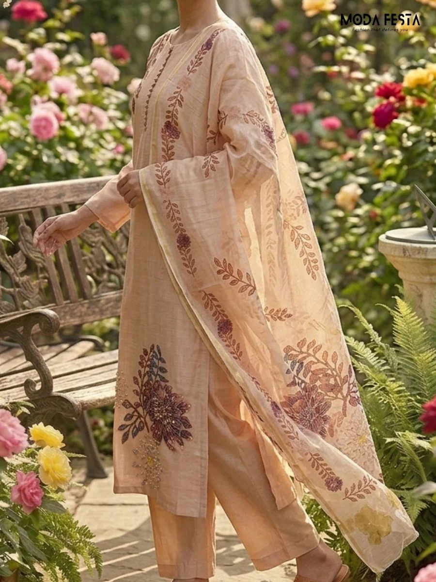 This soft-hued co-ord set features elegant floral embroidery with shimmering beadwork and a matching dupatta, creating a sophisticated and artistic look.
