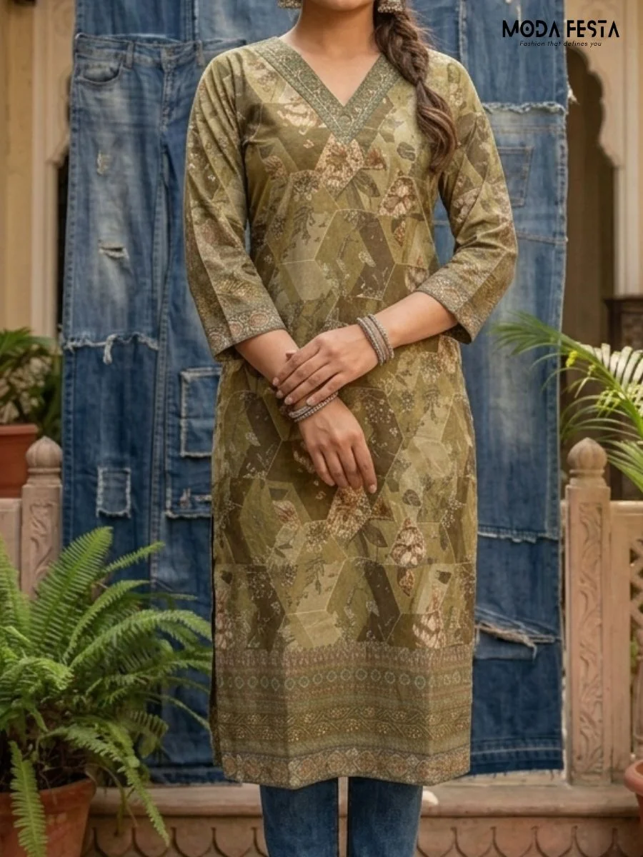 Elevate your everyday style with this olive-toned, V-neck kurta, featuring an elegant fusion of floral patterns and modern geometric motifs.