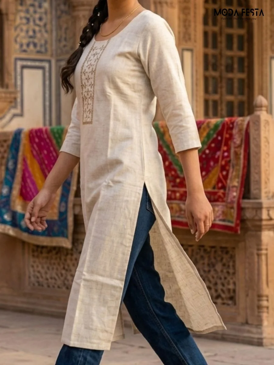 An elegant beige kurti featuring delicate embroidery on the neckline, offering a refined and versatile ethnic look.