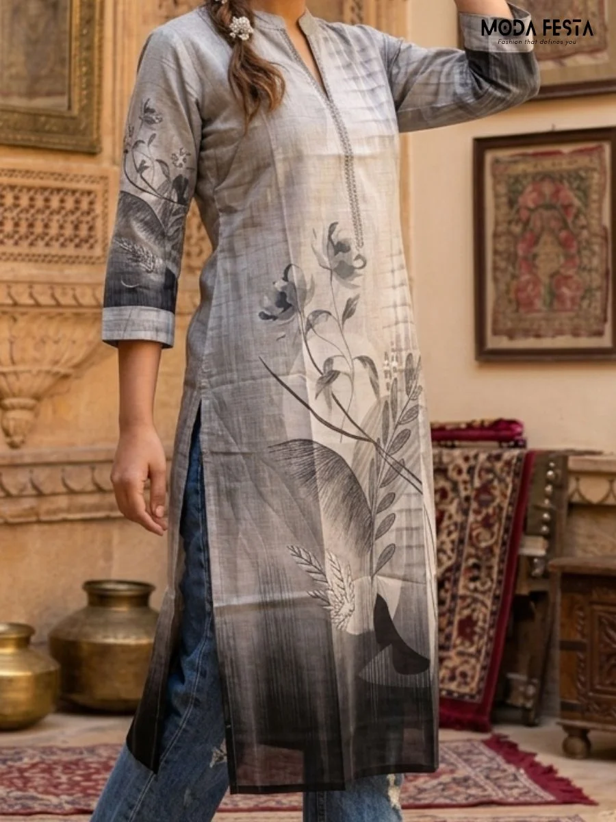 This sophisticated kurti features a gradient grey ombre effect adorned with delicate botanical floral illustrations, complemented by a clean, minimalist mandarin collar.