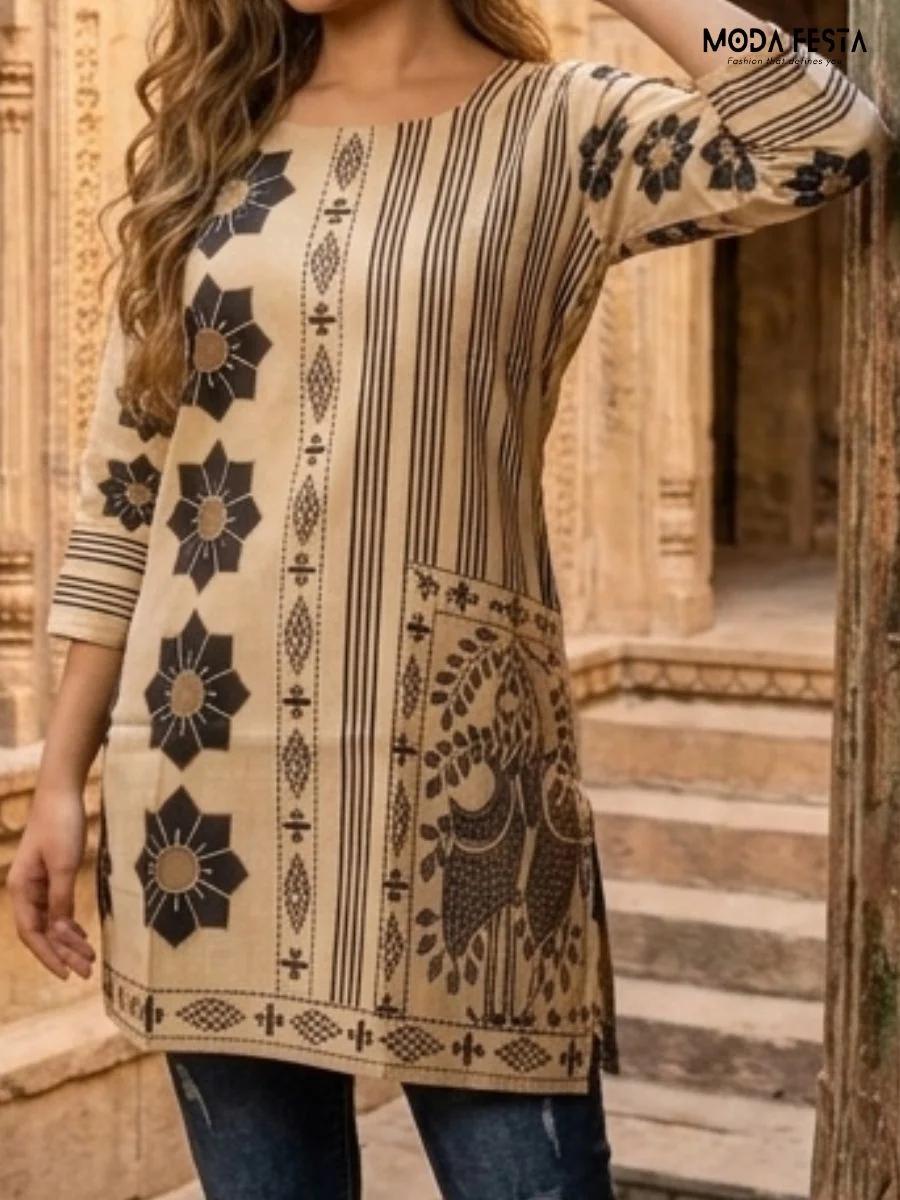 This beige kurti features a sophisticated fusion of geometric stripes and traditional black floral motifs, creating a stylish and contemporary ethnic look.