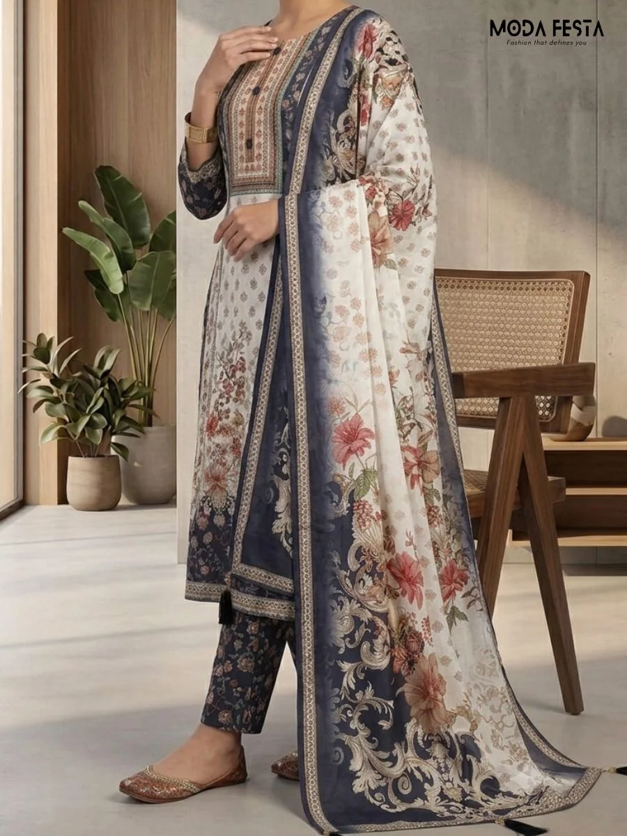 This sophisticated co-ord set features a striking floral print in deep navy and white, elegantly accented by a detailed neckline and a matching printed dupatta.