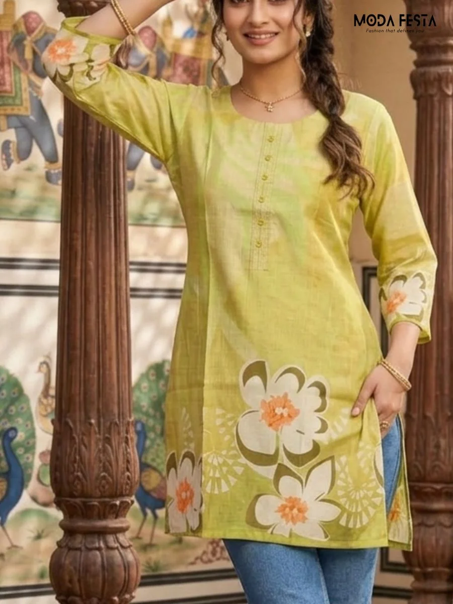 This vibrant lime green short kurti features bold white and orange floral motifs, offering a fresh and cheerful style for everyday ethnic wear.