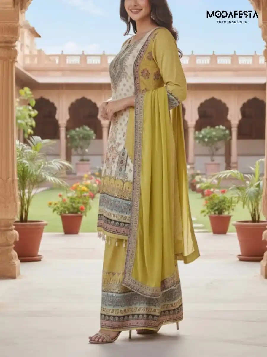 Green with beige plazo set printed