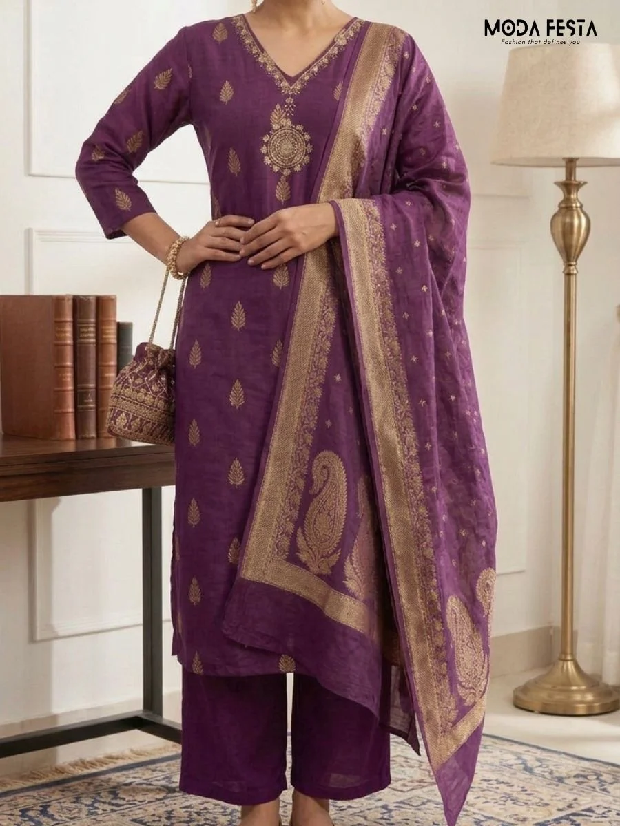 This elegant purple co-ord set features intricate gold brocade motifs and a matching dupatta, offering a sophisticated and traditional aesthetic for formal occasions.