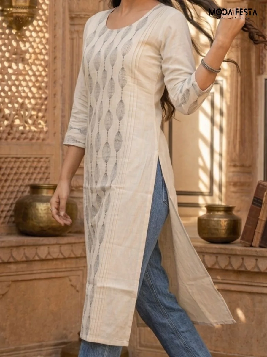 This elegant ivory-hued kurti is defined by a clean, sophisticated aesthetic, featuring a vertically aligned geometric oval pattern that creates a modern and elongating silhouette.