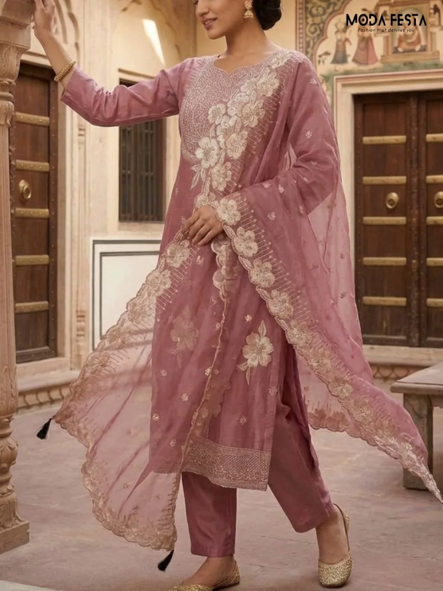 This elegant mauve co-ord set features intricate floral embroidery on the kurta and dupatta, offering a sophisticated and graceful look.