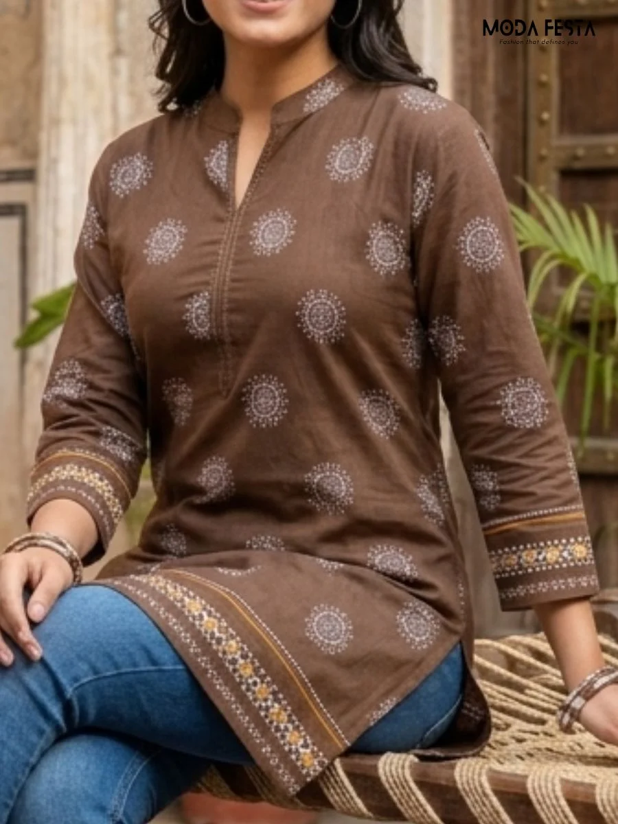 This earthy brown kurti features delicate white circular motifs and a structured mandarin collar, perfectly blending traditional patterns with a contemporary, casual silhouette.