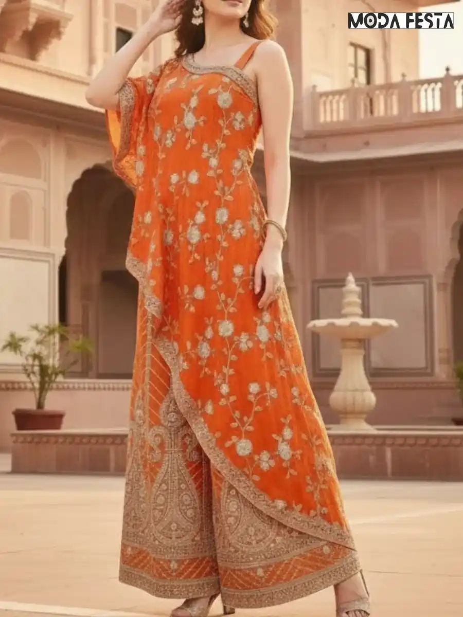 Orange 1 shoulder plazo set
