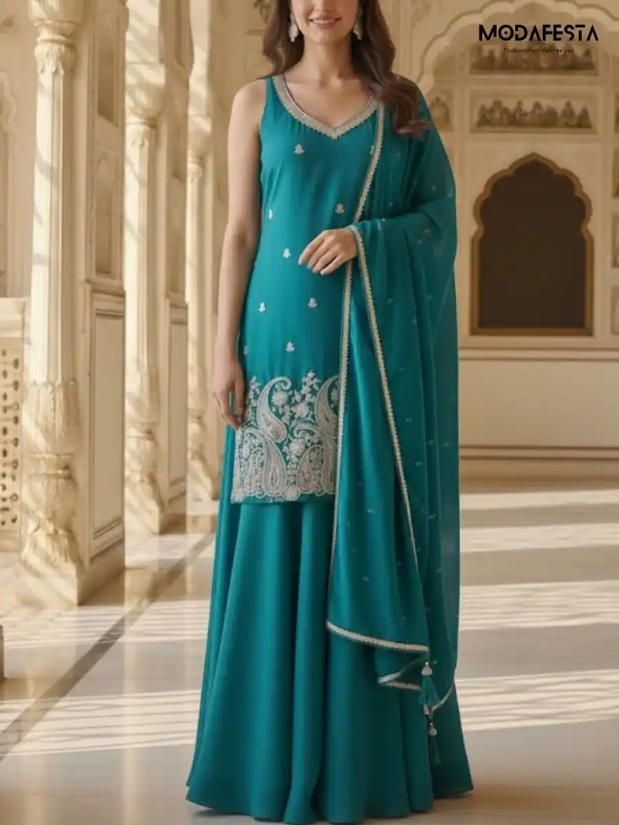 Beige & Teal Plazo Set with bottom keri work L 7047
