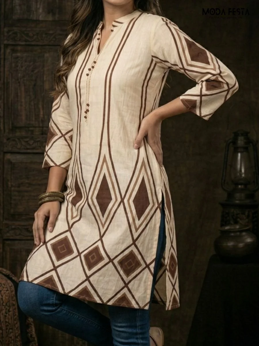 This chic beige kurti features a bold, contemporary geometric diamond print in shades of brown, making it a stylish choice for a modern ethnic look.