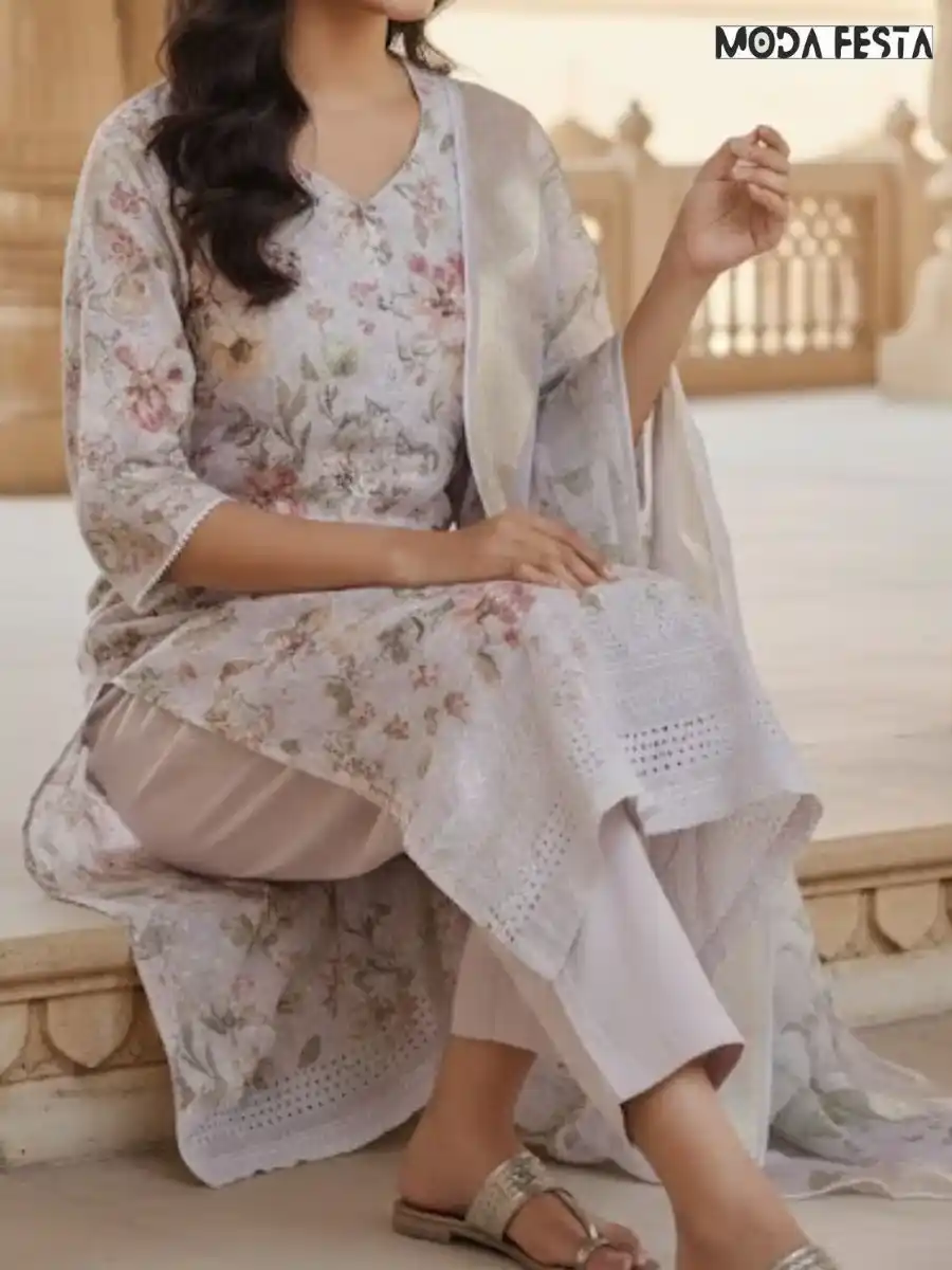 Chikan printed kurti set peach colour