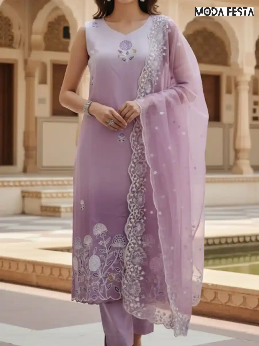 Sleeveless kurti set purple with bottom cut work
