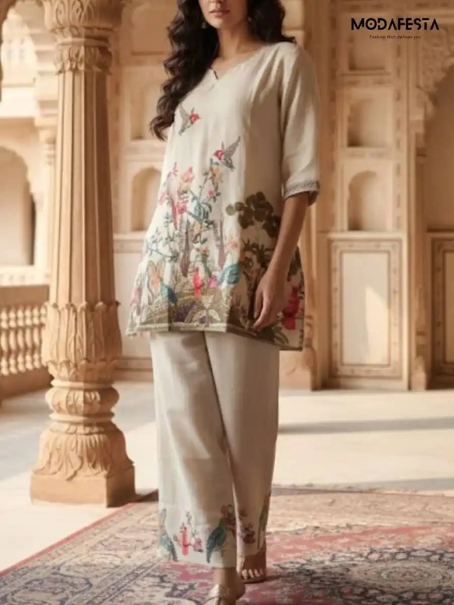 Cord set cream with parrot print