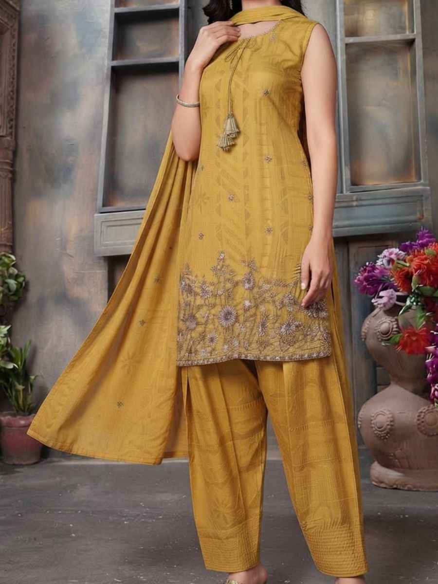 Yellow Salwar Set Crafted from lightweight chiffon fabric featuring subtle all-over traditional prints this sleeveless ensemble includes a chic knee-length tunic with an embellished neckline elegant tassel drawstrings and exquisite floral embroidery along