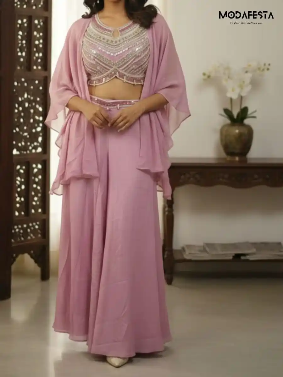 Plazo set with choli & Jacket pink
