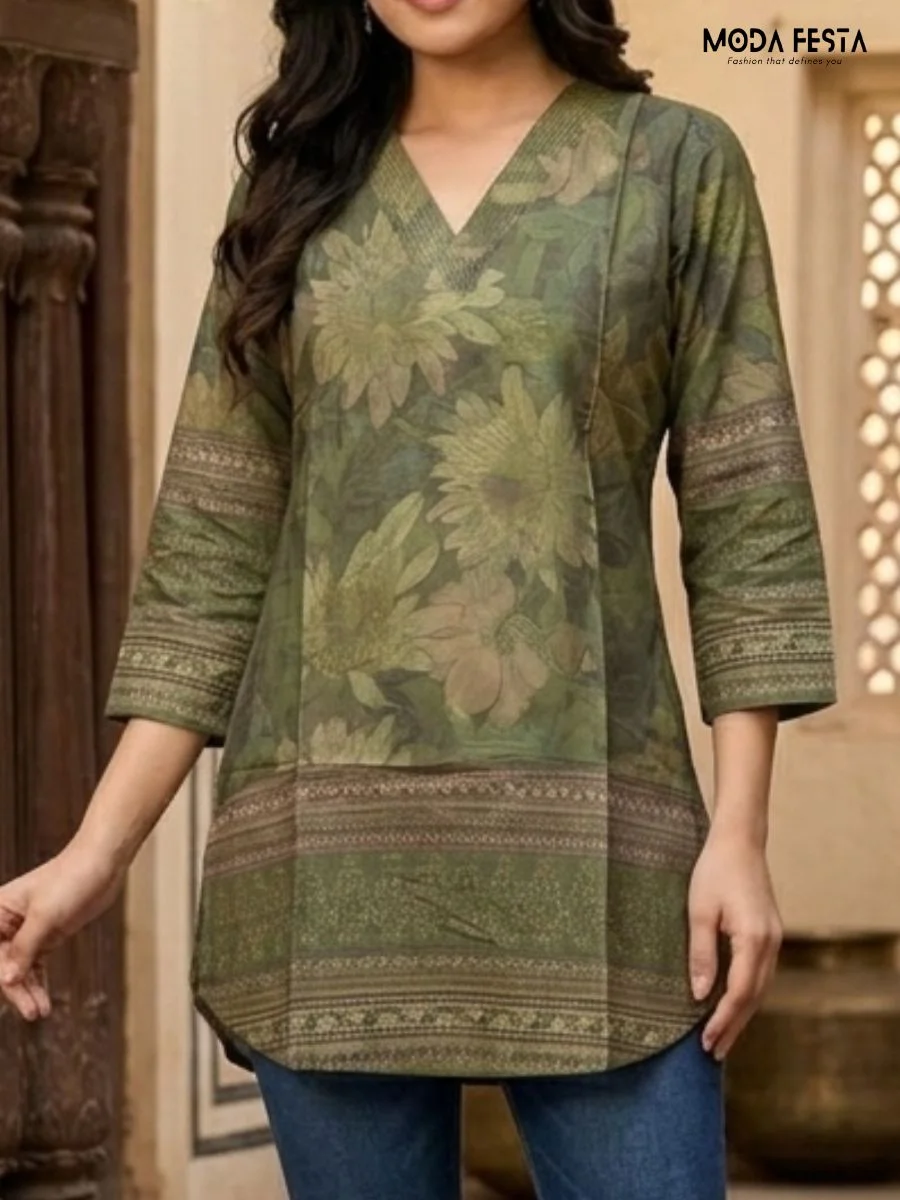 This elegant olive green short kurti features a vibrant botanical floral print and a sophisticated V-neckline, perfect for casual ethnic styling.